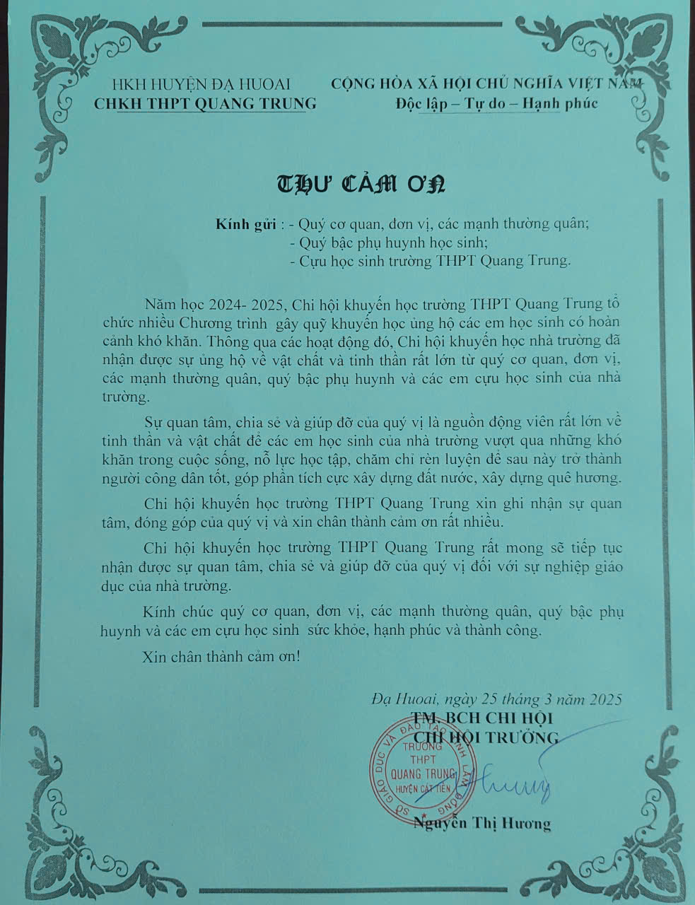 THƯ CẢM ƠN